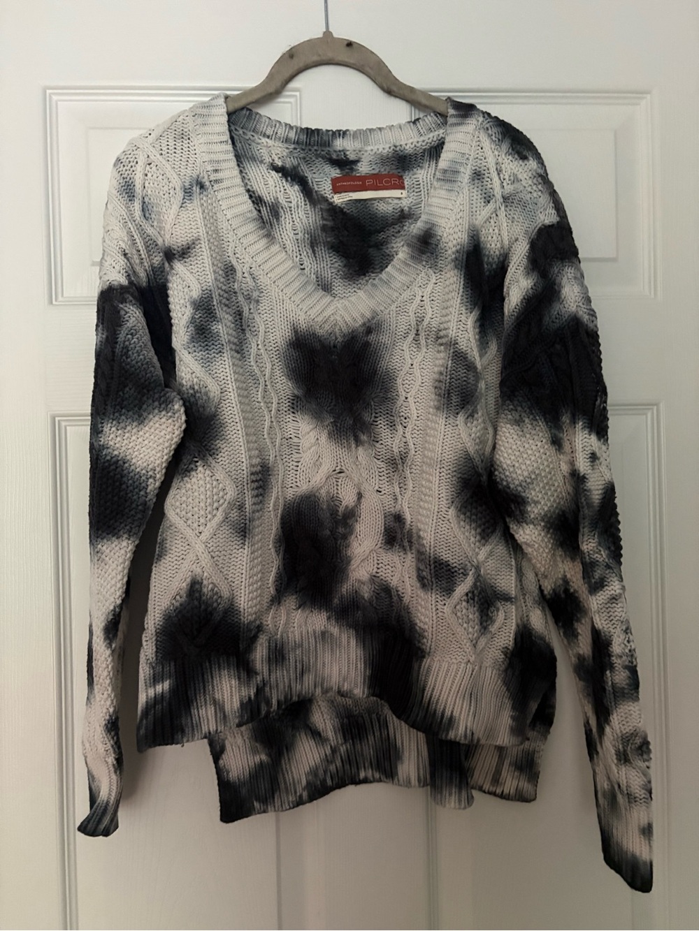 Anthropologie Black & White Tie-Dye Cable Knit V-Neck Sweater